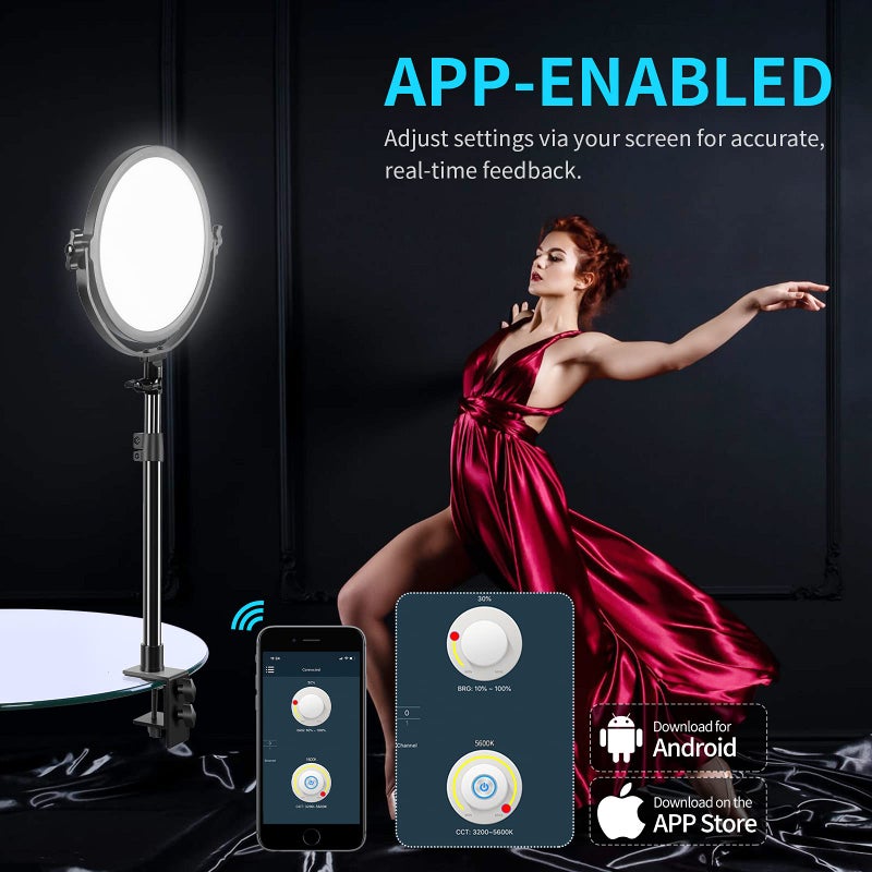 GVM Great Video Maker GVM Desk Mount LED Video Light, 10'' Round Key Light with Built-in Diffuser and LCD Display, Bi-Color Professional Light for Game/Studio/Streaming/YouTube Video Shooting, APP Control CRI 97+ - Image 4